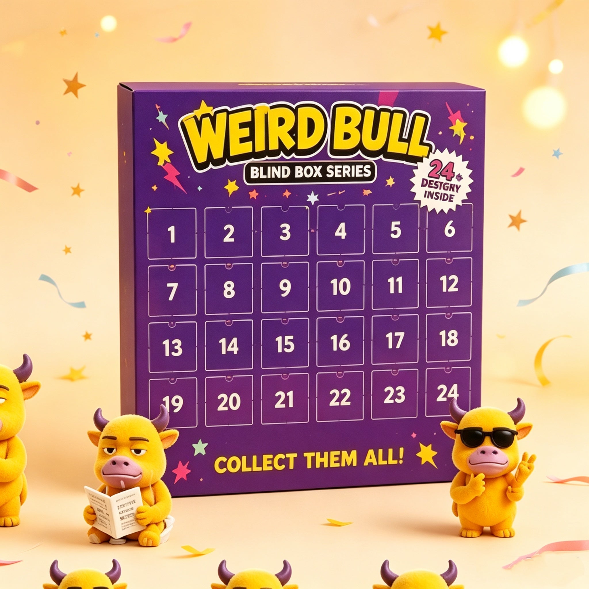 Weird Bull Mystery Blind Box Series | 24‑in‑1 Collectible Cute Character Figurines, Surprise Advent Calendar Gift Set