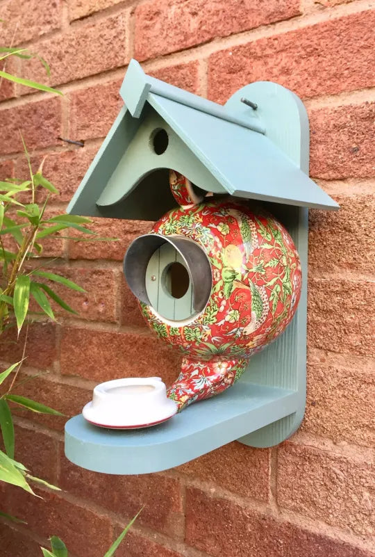 William Morris Teal Teapot Bird House and Feeder