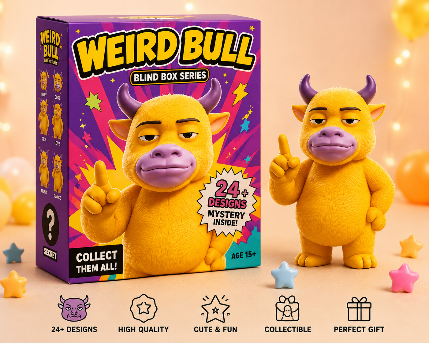 Weird Bull Mystery Blind Box Series | 24‑in‑1 Collectible Cute Character Figurines, Surprise Advent Calendar Gift Set