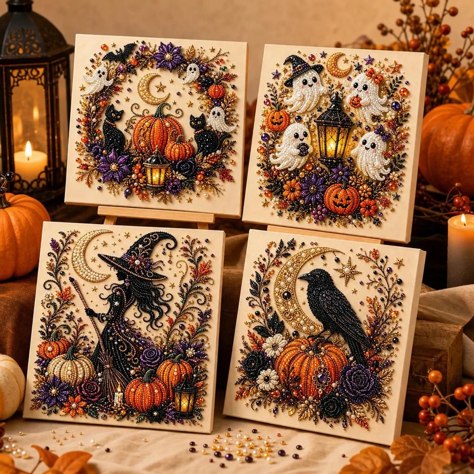 Framed Halloween Pumpkin, Ghost & Black Cat Pearl Art DIY Kit