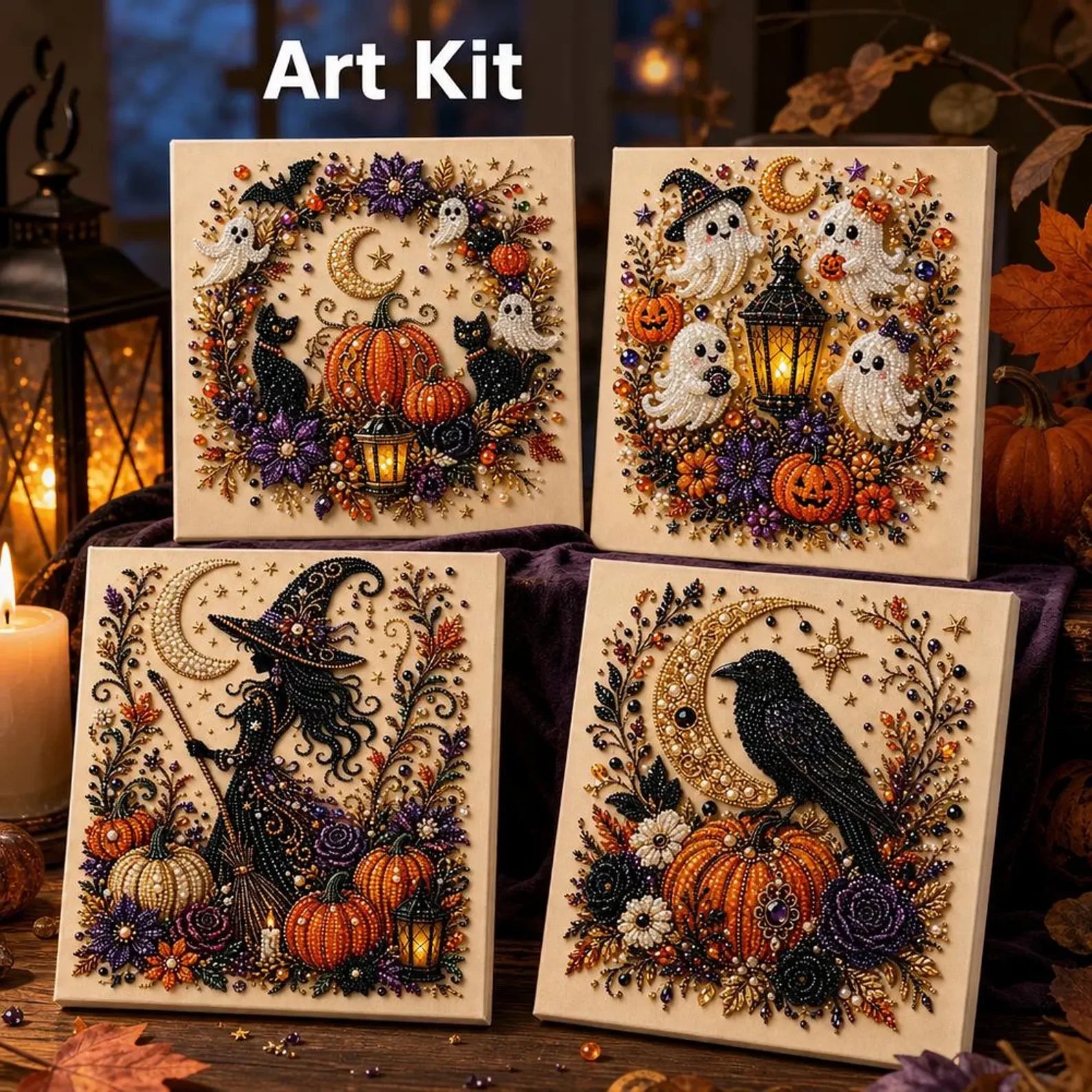 Framed Halloween Cow Witch, Ghost & Pumpkin Pearl Art DIY Kit